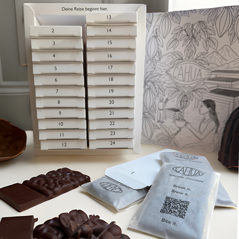Bean-to-Bar Adventskalender 2025 mit 24 Tafeln 70 % Ursprungsschokolade – nachhaltig, vegan, limitiert, Feinkost-Adventskalender
